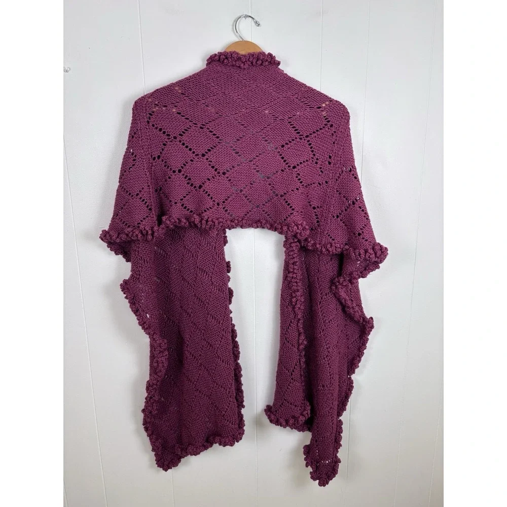 Hand Crocheted Plum Wrap Shawl 69 x 16 Ruffled Edges Knit Spring Shawl Plus Size